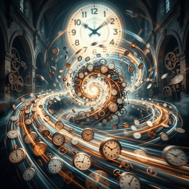 Spiral composed of various clocks and gears swirling inside an ornate hall